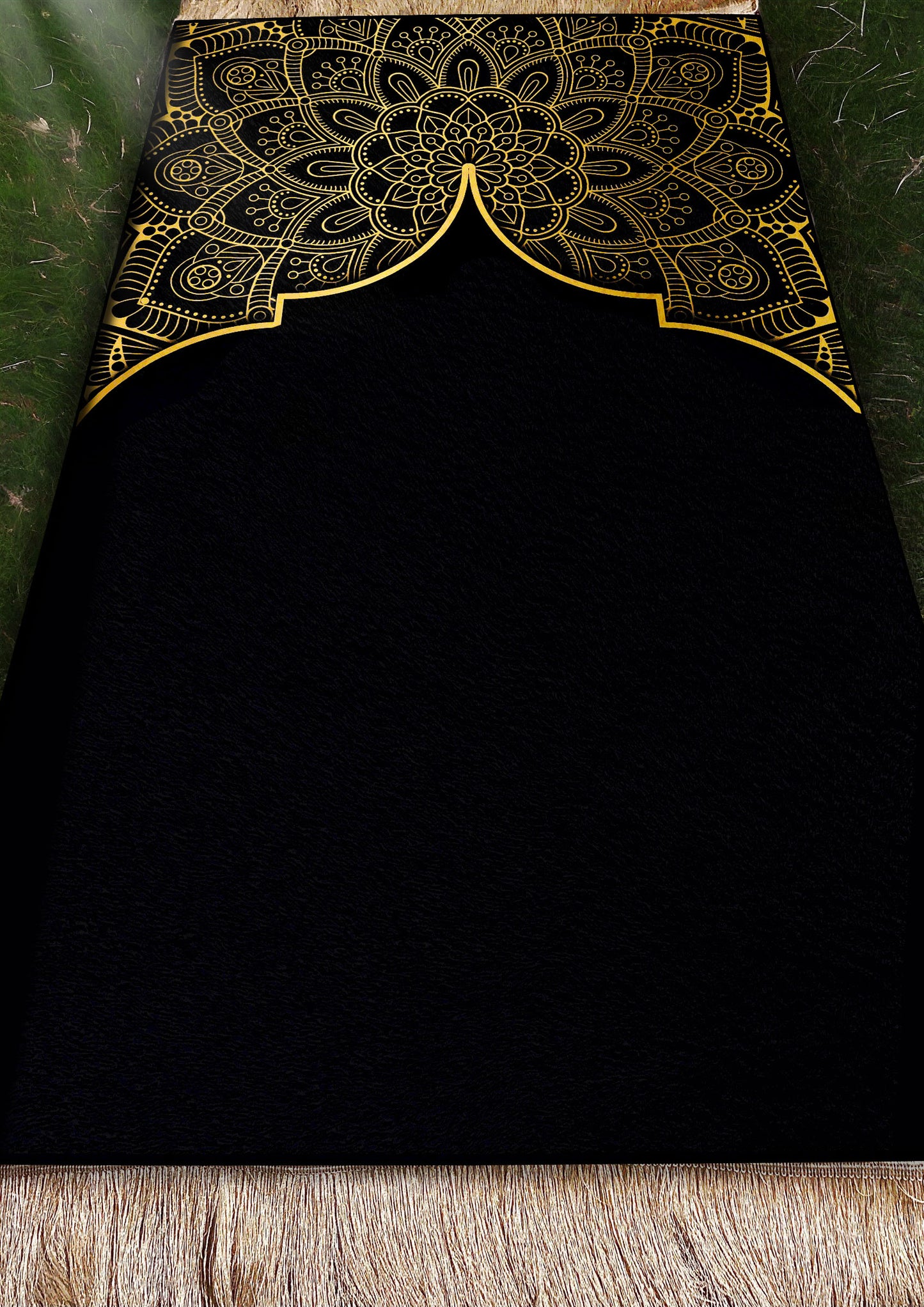 2 CM (0.8 Inch) Foam Thick Padded Prayer Rug Mat With Soft Velvet Anti-Slip Black Gold Janamaz Muslim Sejadah