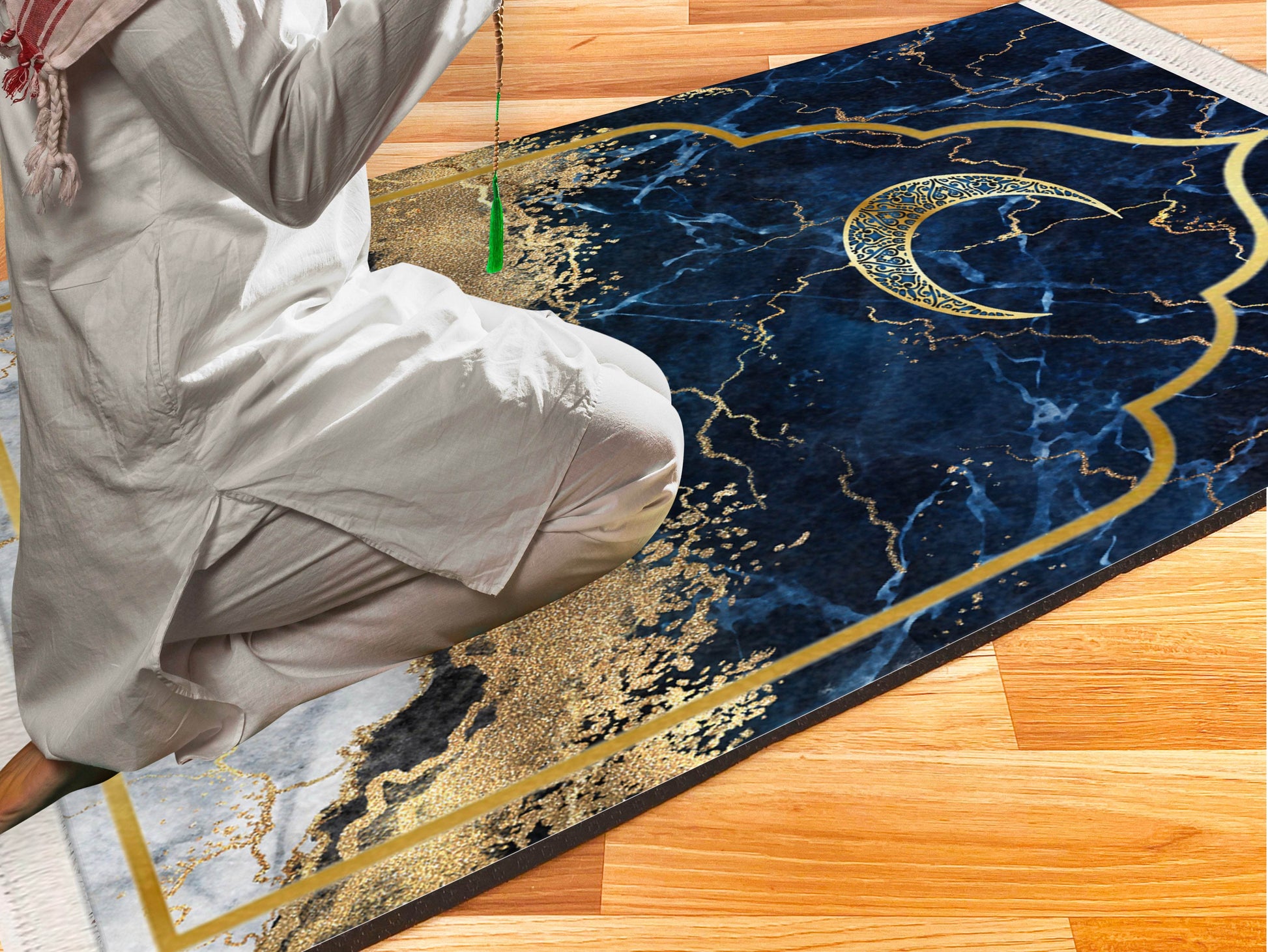 Lacivert Hilal İsme Özel Keten Astarlı Lüks Seccade - Carpetella