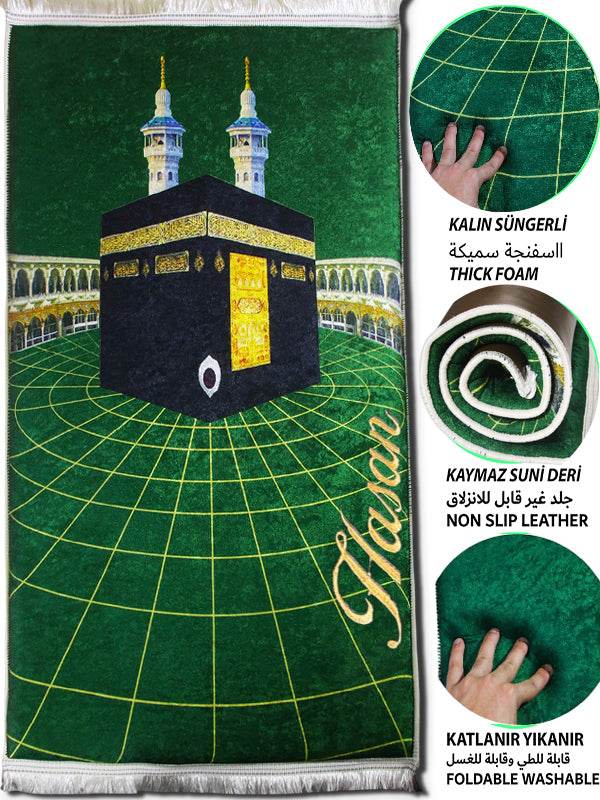 Yeşil Gold Kadife Ortopedik Seccade - İsme Özel 3 CM Süngerli - Carpetella