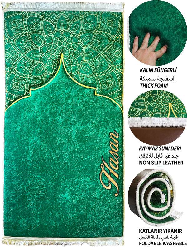 3 CM Süngerli İsme Özel İsimli Seccade – Yeşil Kadife - Carpetella