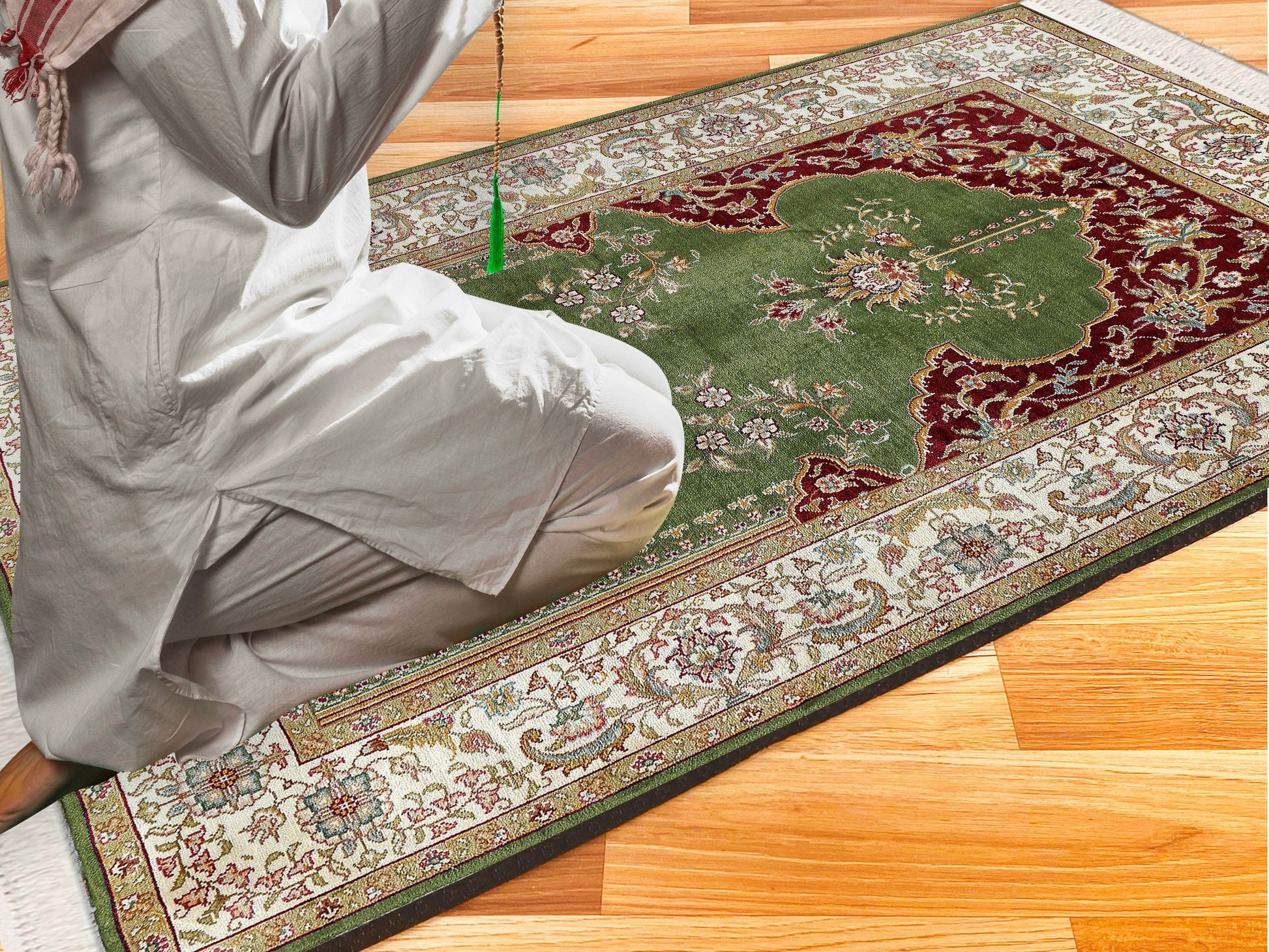 Yeşil Bej Keten Kadife Seccade - 70x120cm - Carpetella