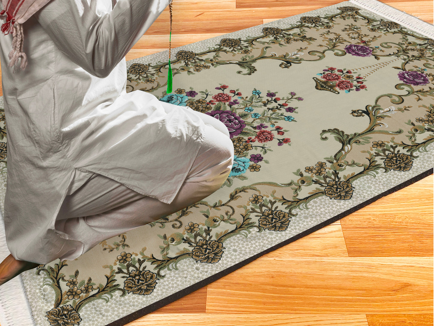 2 CM (0.8 Inch) Foam Thick Padded Prayer Rug Mat With Soft Velvet Anti-Slip Flower Beige Janamaz Muslim Sejadah