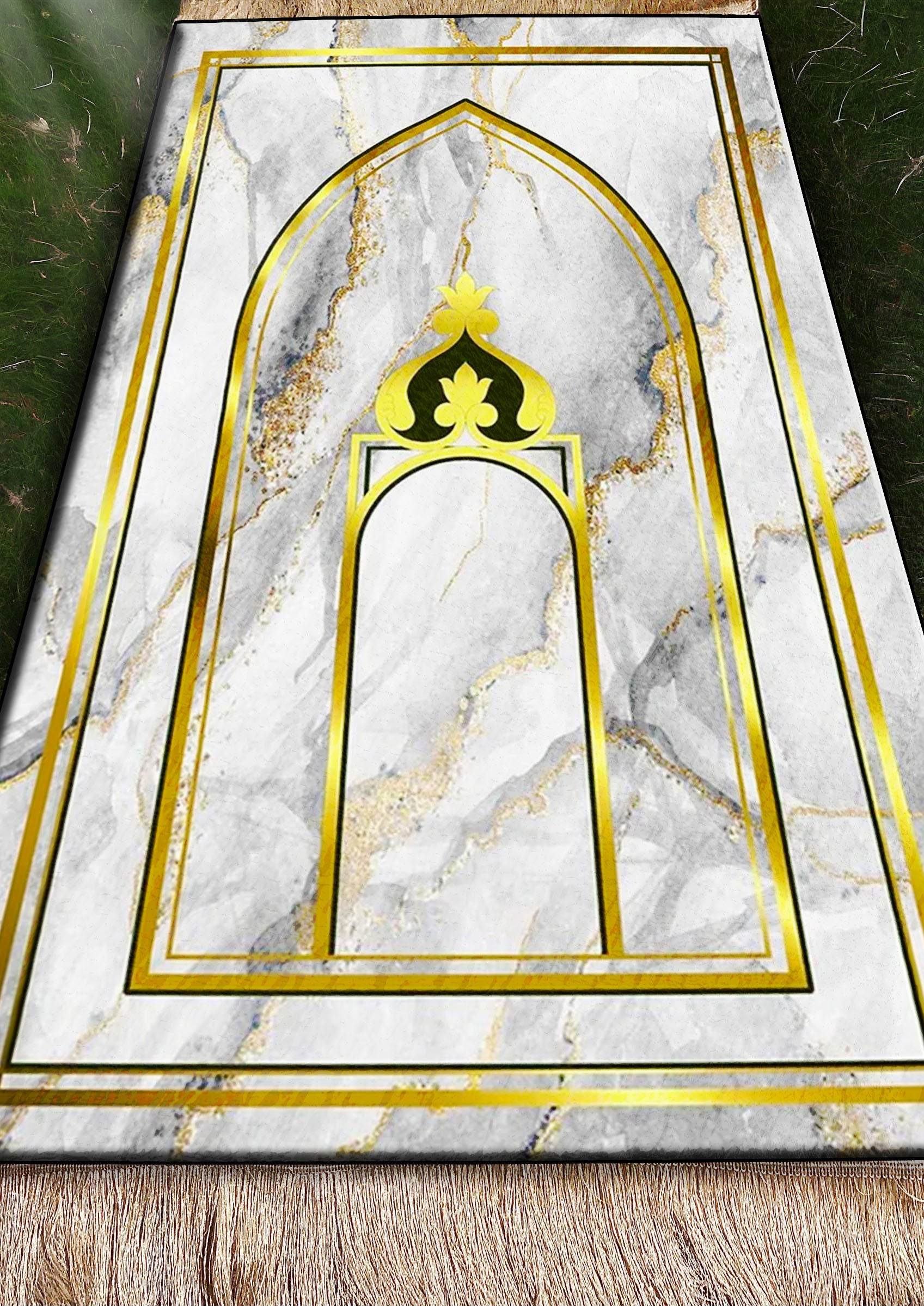 Gold Mermer Desenli İsme Özel Keten Astarlı Lüks Seccade - Carpetella