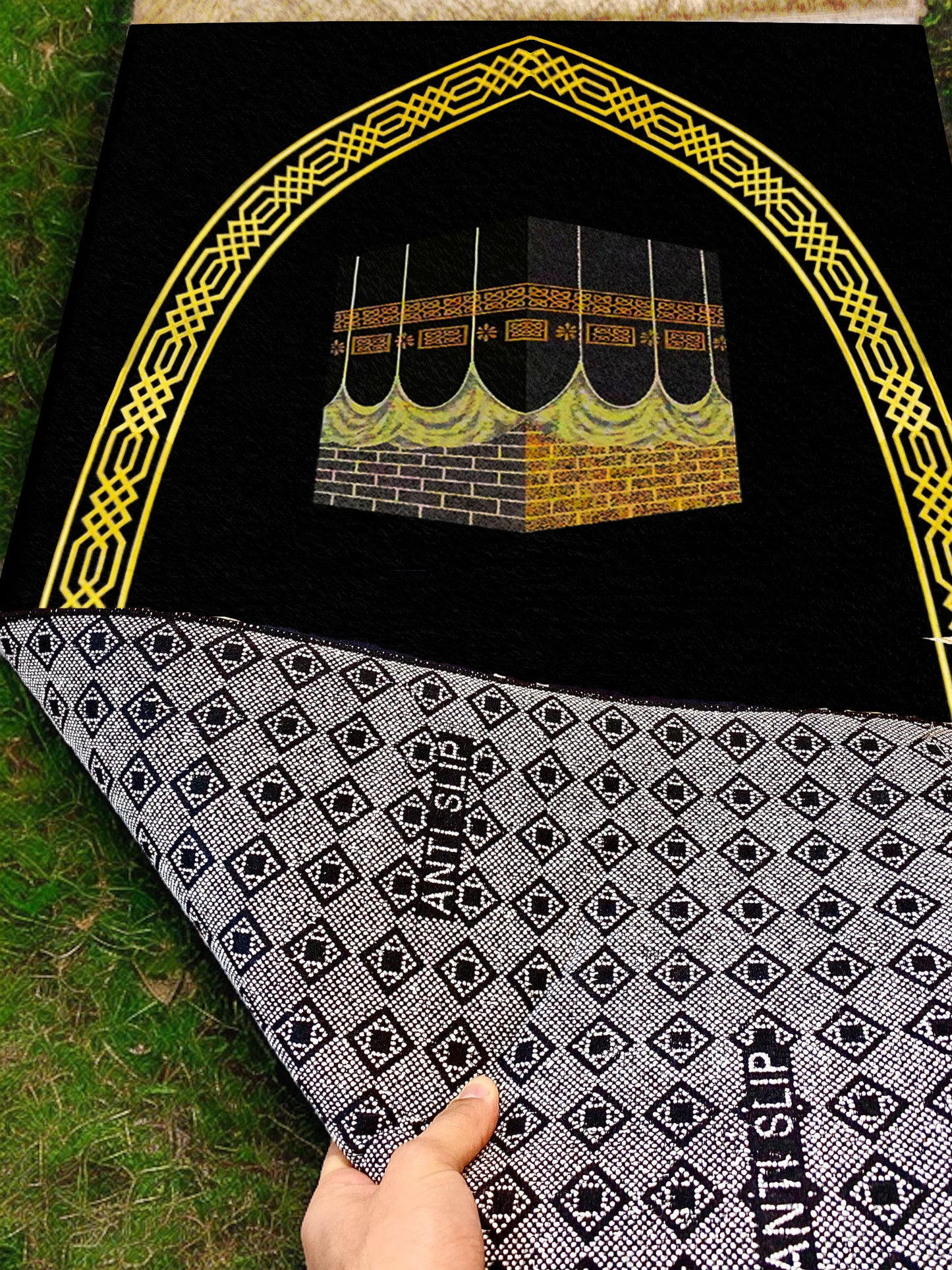 2 CM (0.8 Inch) Foam Thick Padded Prayer Rug Mat With Soft Velvet Anti-Slip  Gold Black Kaaba Janamaz Muslim Sejadah