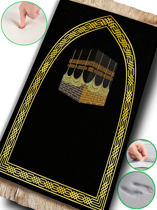 2 CM (0.8 Inch) Foam Thick Padded Prayer Rug Mat With Soft Velvet Anti-Slip  Gold Black Kaaba Janamaz Muslim Sejadah